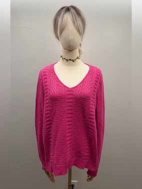 Liz Claiborne Pink Textured Knit V-Neck Sweater Size XL Cotton Blend